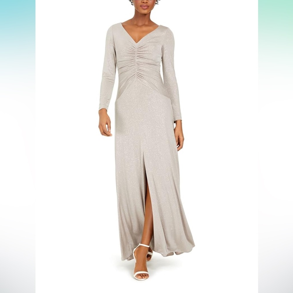 NWT ELIZA J SIZE 8 Beige Ruched‎ Glitter V-neck Evening maxi Dress gown